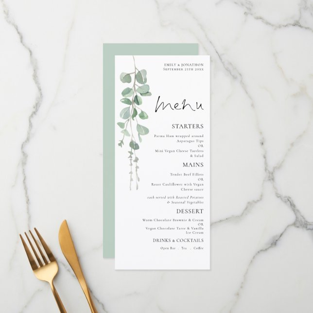 Menu Casamento Eucalyptus Watercolor Elegante (Frente/Verso In Situ)