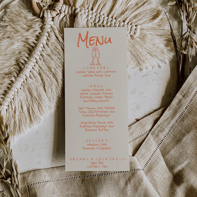 Menu Casamento Excêntrico Desenhado à Mão Coral Retro (Criador carregado)