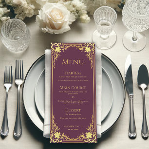 Menu Casamento Falso Ouro Cor Vinho Elegante Vintage
