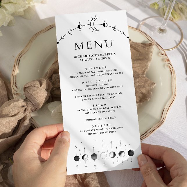 Menu Casamento Fases da Lua Crescente Preto Branco Cele (Criador carregado)