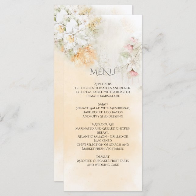 Menu Casamento Floral Amarelo-Rosa Pastel (Frente/Verso)