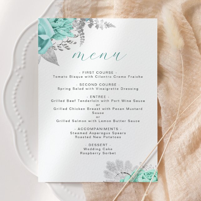Menu Casamento Floral Aqua Prata Elegante (Criador carregado)