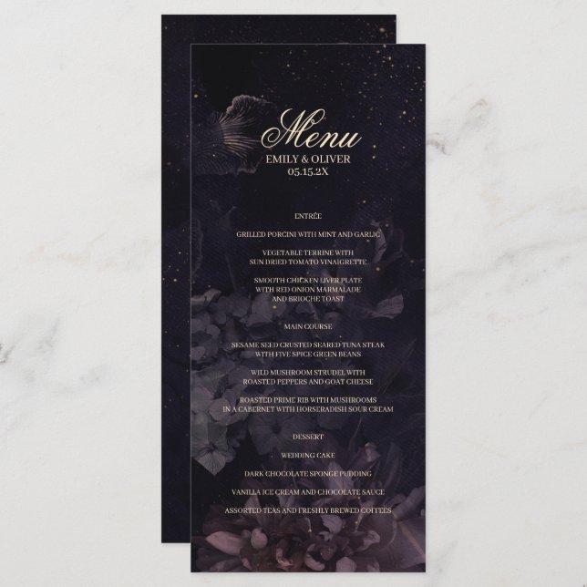 Menu Casamento Floral Aquático Roxo Boho Gótico (Frente/Verso)