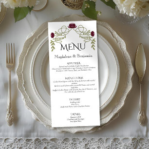 Menu Casamento Floral Art Nouveau Rosa Borgonha Vintage