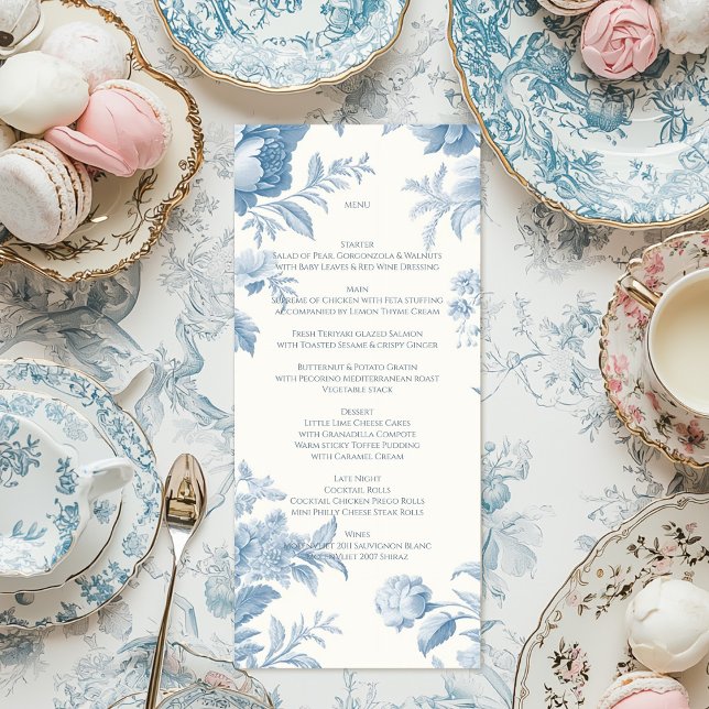 Menu Casamento Floral Azul-Azul, Toile Francesa Elegant (Criador carregado)