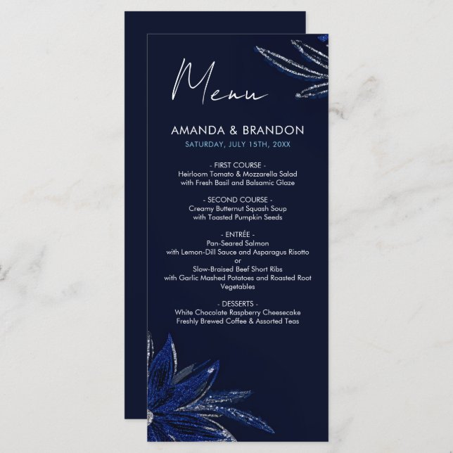 Menu Casamento Floral Azul Chic Silver e Marinho (Frente/Verso)