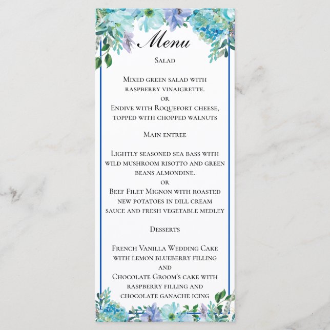 Menu Casamento Floral Azul de Sapphire Incrível (Frente)