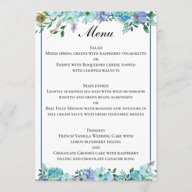 Menu Casamento Floral Azul de Sapphire Incrível (Frente)