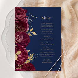 Menu Casamento Floral Azul Dourado Romântico Burgundy