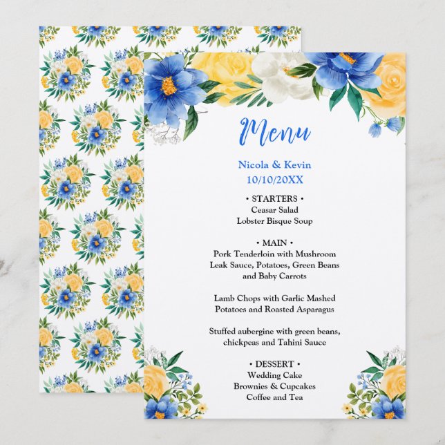 Menu Casamento Floral Azul e Amarelo (Frente/Verso)