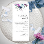 Menu Casamento Floral Azul e Roxo Chic Moderno Elegante<br><div class="desc">Aprecie seus convidados com este cartão elegante de cardápio de casamento com um sentimento na moda, moderno. Design com delicado detalhe floral de aquarela no topo numa bela mistura de matizes roxas e azuis. Uso da tipografia moderna de blocos em preto. Capacidade de personalizar todas as seções de texto usando...</div>