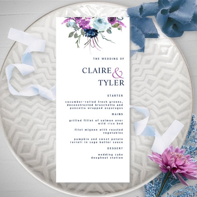 Menu Casamento Floral Azul e Roxo Chic Moderno Elegante (Criador carregado)