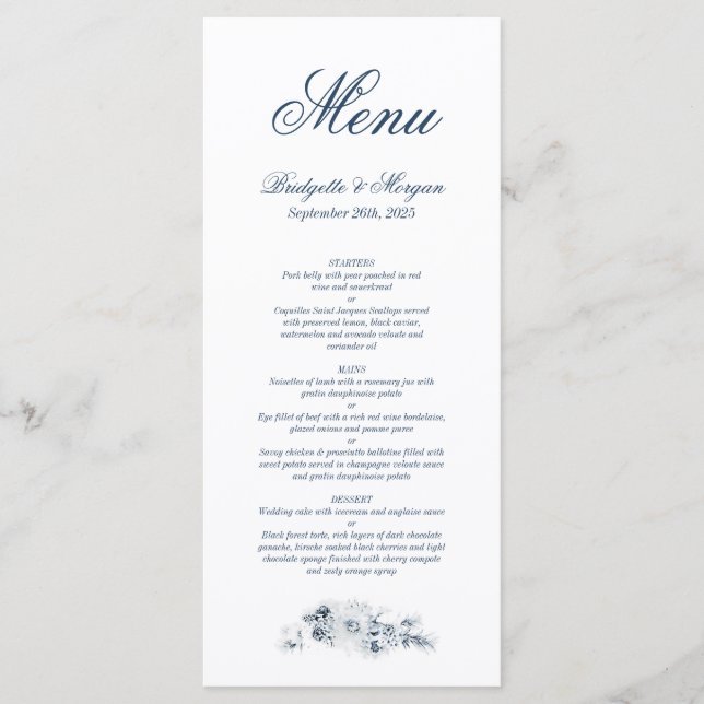 Menu Casamento Floral Azul Elegante (Frente)