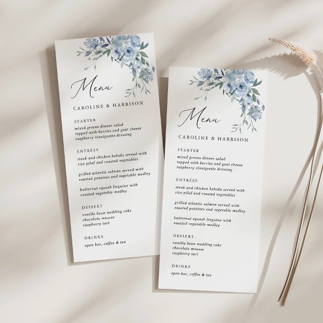 Menu Casamento Floral Azul Elegante Dusty (Criador carregado)