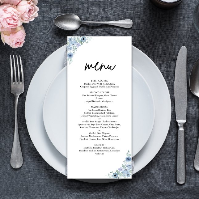 Menu Casamento Floral Azul Elegante Dusty (Criador carregado)