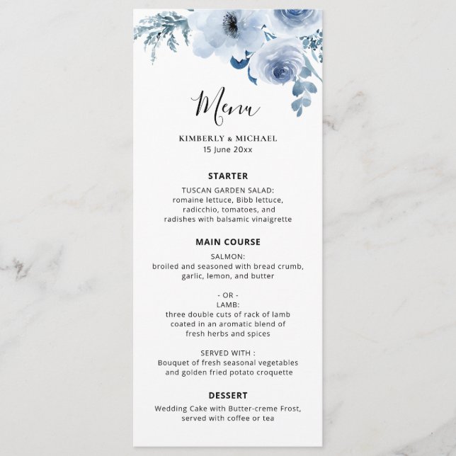 Menu casamento floral azul empoeirado (Frente)