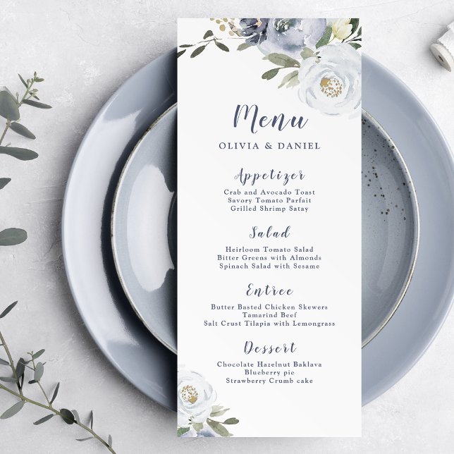 Menu Casamento floral azul empoeirado botânico florido (Blooming botanical dusty blue floral wedding menu)