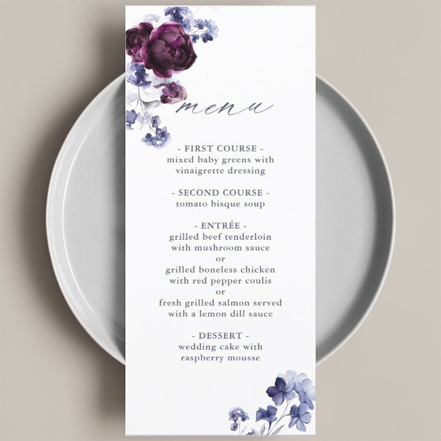 Menu Casamento Floral Azul-Indígo e Roxo-Púrpura (Criador carregado)