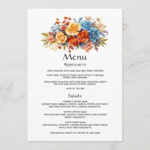Menu Casamento Floral Azul, Laranja, Amarelo e Vermelho