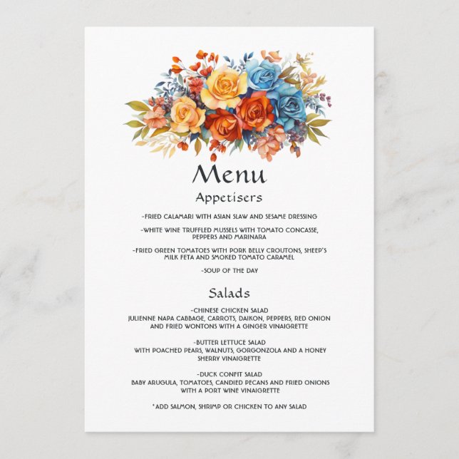 Menu Casamento Floral Azul, Laranja, Amarelo e Vermelho (Frente)