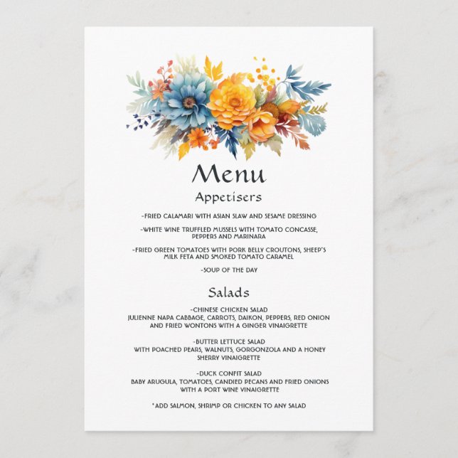 Menu Casamento Floral Azul, Laranja e Amarelo (Frente)
