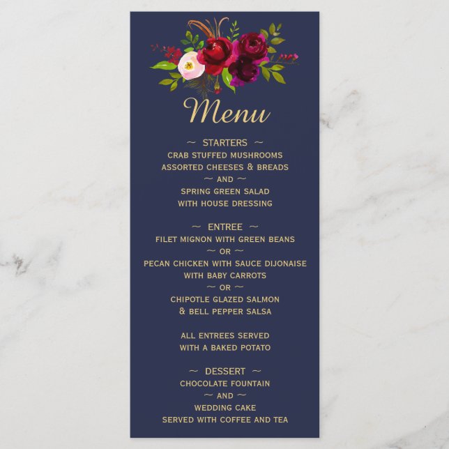 Menu Casamento Floral Azul Marinho Bordô Script (Frente)
