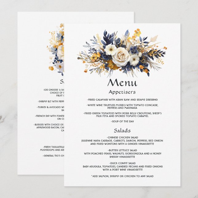 Menu Casamento Floral Azul Marinho, Branco e Dourado (Frente/Verso)