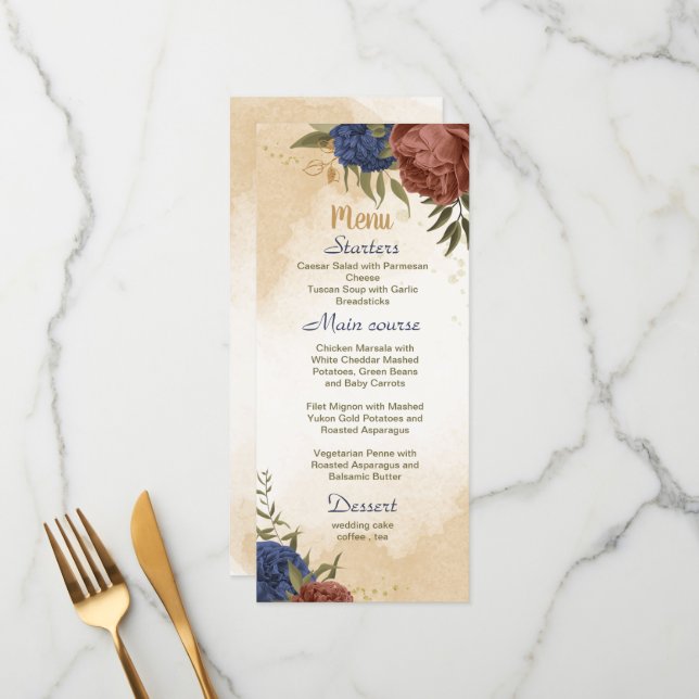 Menu casamento floral azul-marinho de terracotta (Frente/Verso In Situ)