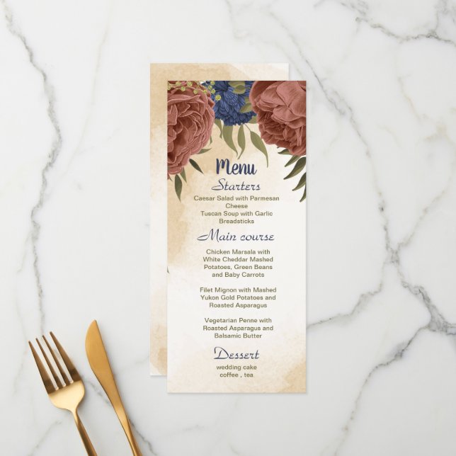 Menu casamento floral azul-marinho de terracotta (Frente/Verso In Situ)