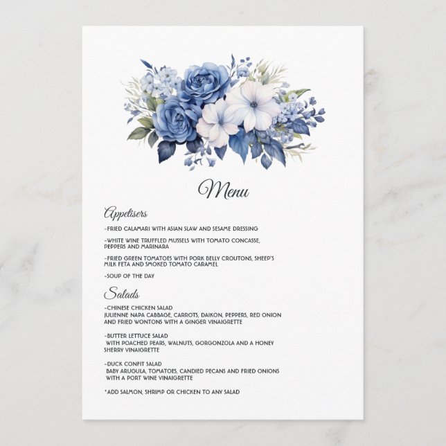 Menu Casamento Floral Azul Marinho e Branco (Frente)