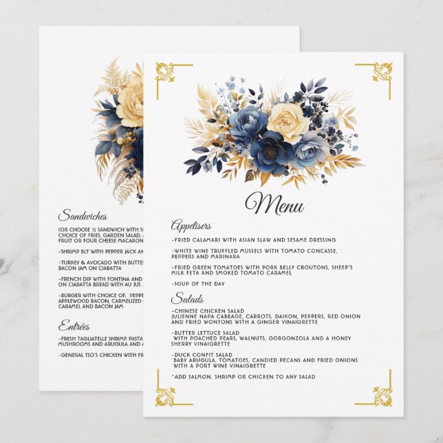 Menu Casamento Floral Azul Marinho e Dourado (Frente/Verso)