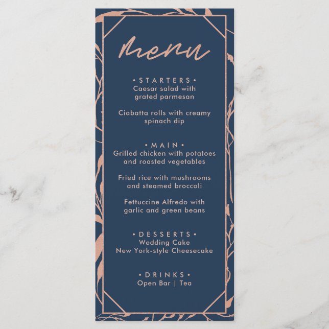 Menu Casamento Floral Azul Marinho e Dourado Rosa Moder (Frente)