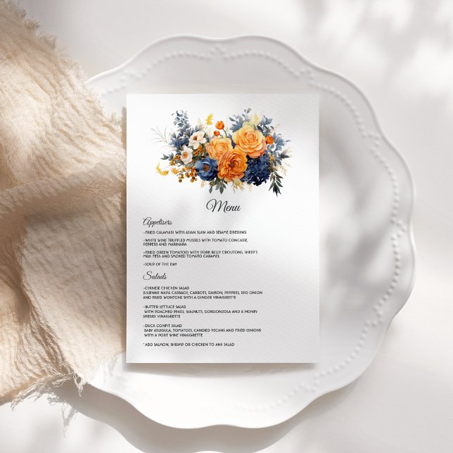 Menu Casamento Floral Azul Marinho, Laranja Queimada e  (Navy Blue, Burnt Orange & Champagne Floral Wedding Menu)