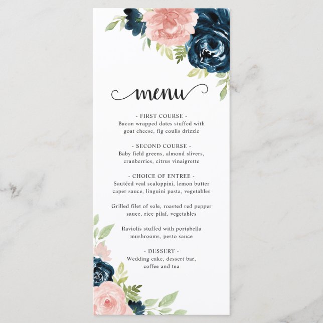 Menu Casamento Floral Azul-Marinho-Rosa-Esmagador Elega (Frente)