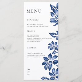 Menu Casamento Floral Azul no Estilo Delftware Vintage