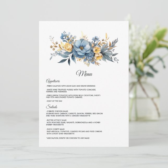 Menu Casamento Floral Azul Poeira e Dourado (Em pé/Frente)