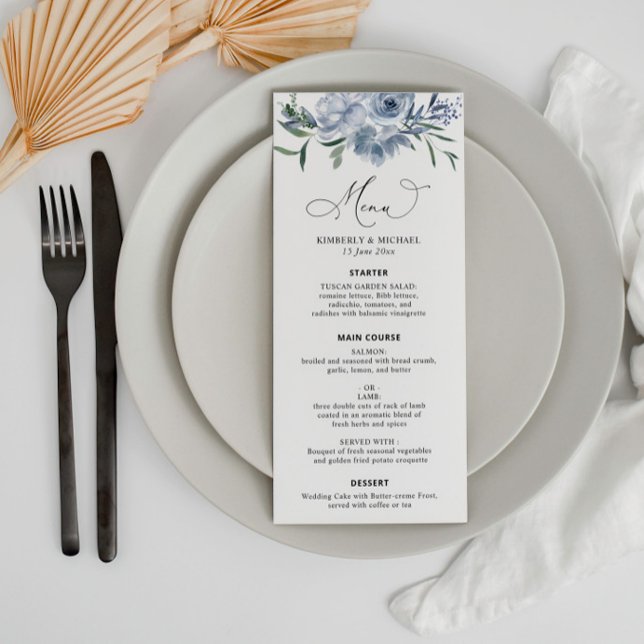 Menu casamento floral azul-poeirento moderno (Criador carregado)