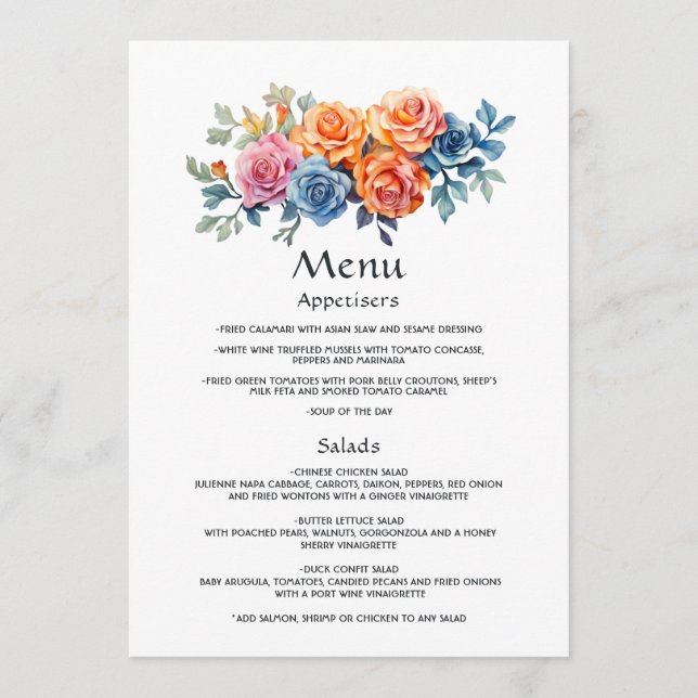 Menu Casamento Floral Azul, Rosa, Laranja e Verde (Frente)