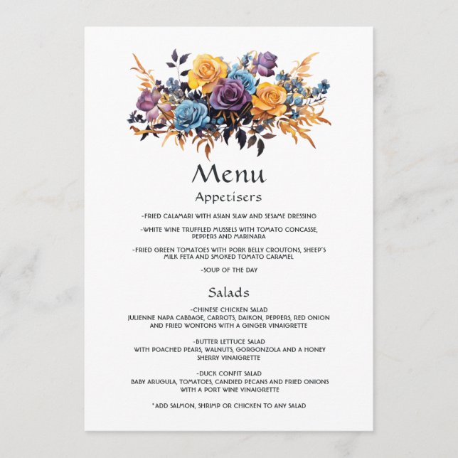 Menu Casamento Floral Azul, Roxo, Dourado e Preto (Frente)