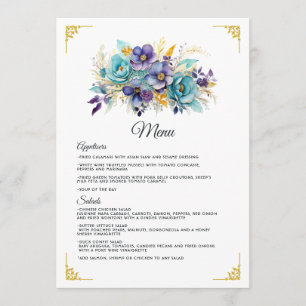 Menu Casamento Floral Azul Turquesa, Roxo e Dourado
