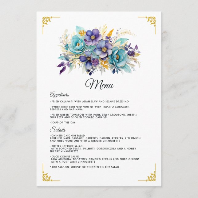 Menu Casamento Floral Azul Turquesa, Roxo e Dourado (Frente)