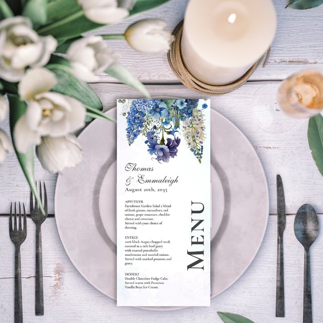 Menu Casamento Floral Azul-Violeta Boêmia (Criador carregado)