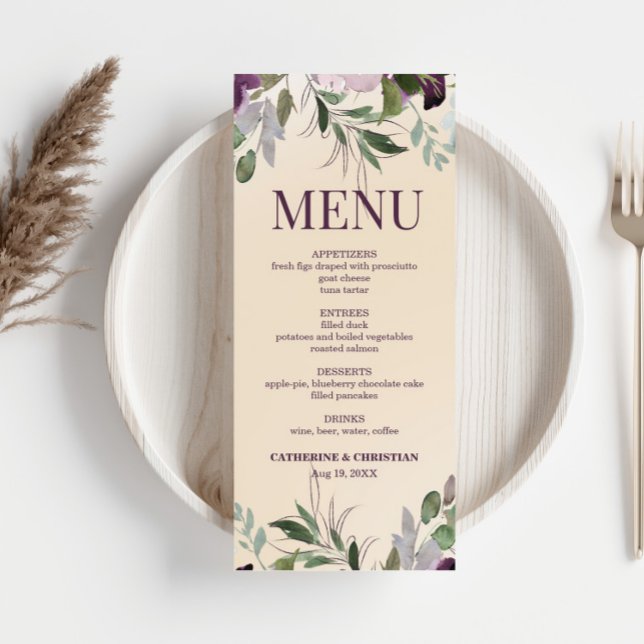 Menu Casamento Floral Beige Plum (Criador carregado)