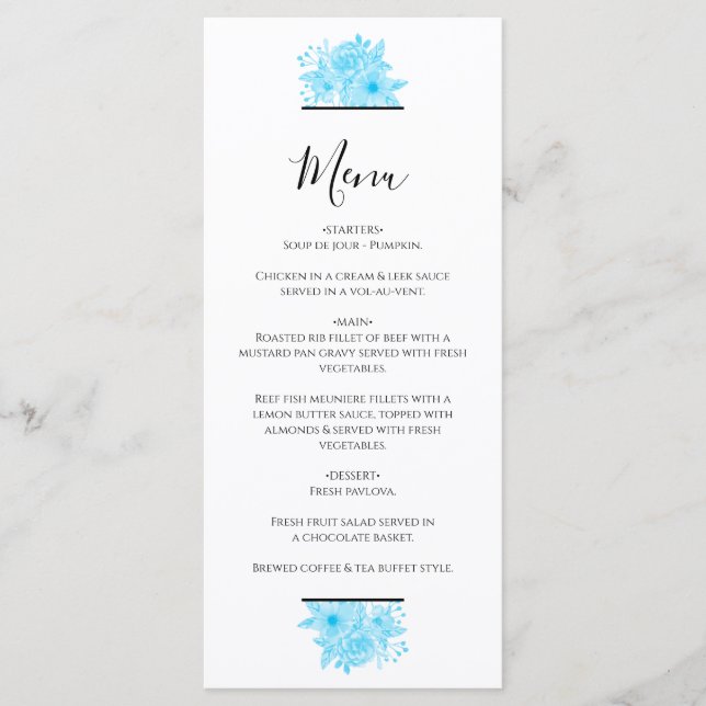 Menu Casamento Floral Blue Watercolor (Frente)