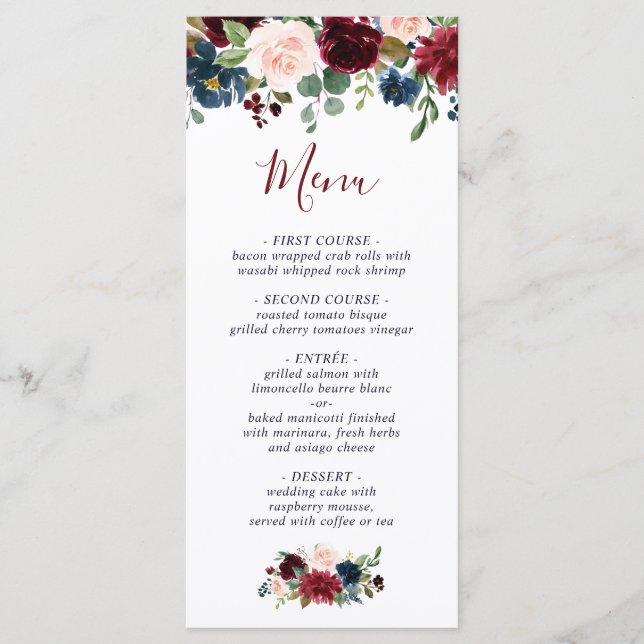 Menu Casamento Floral Blush Marinho Azul (Frente)