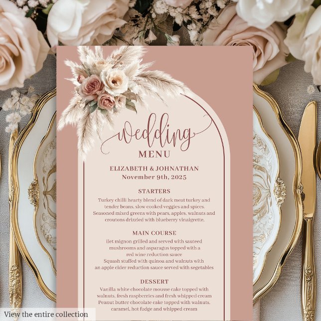 Menu Casamento Floral Boho Romântico Rosa Pampas  (Romantic Boho Dusty Pink Pampas Floral Wedding Menu)