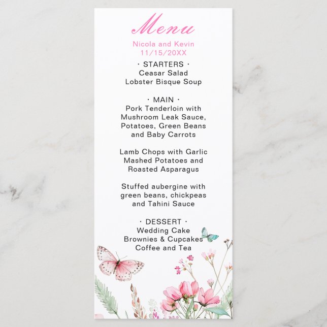 Menu Casamento Floral Borboleta Rosa Primavera (Frente)