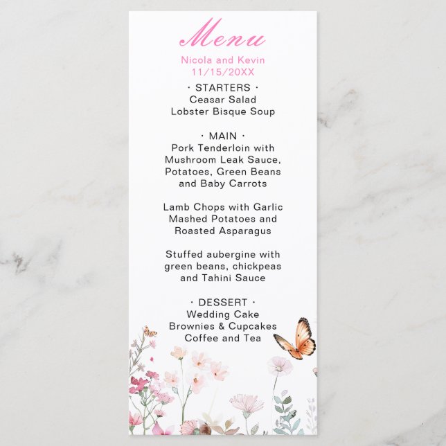 Menu Casamento Floral Borboleta Rosa Profundo Primavera (Frente)