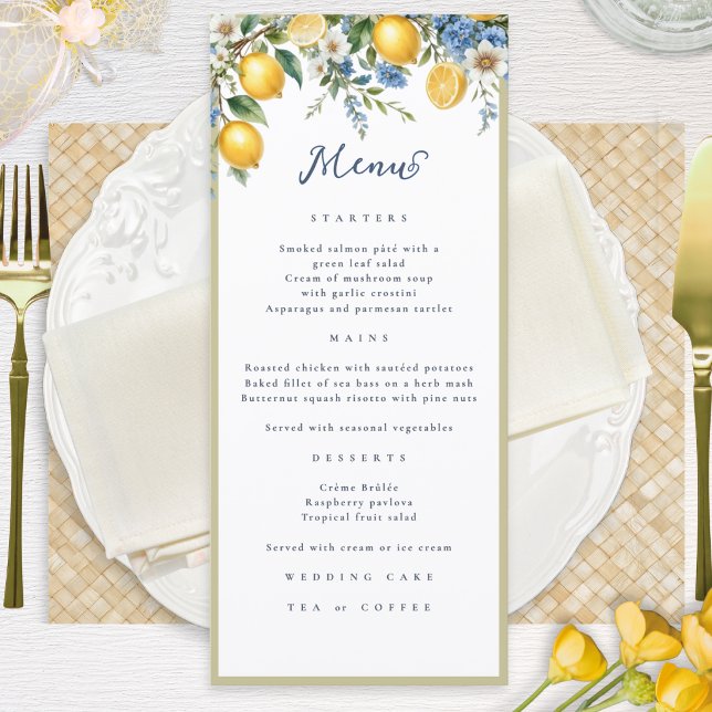Menu Casamento Floral Botânico de Limão e Azul da Costa (A stylish wedding menu with Mediterranean lemons design, to personalize with your own food choices)