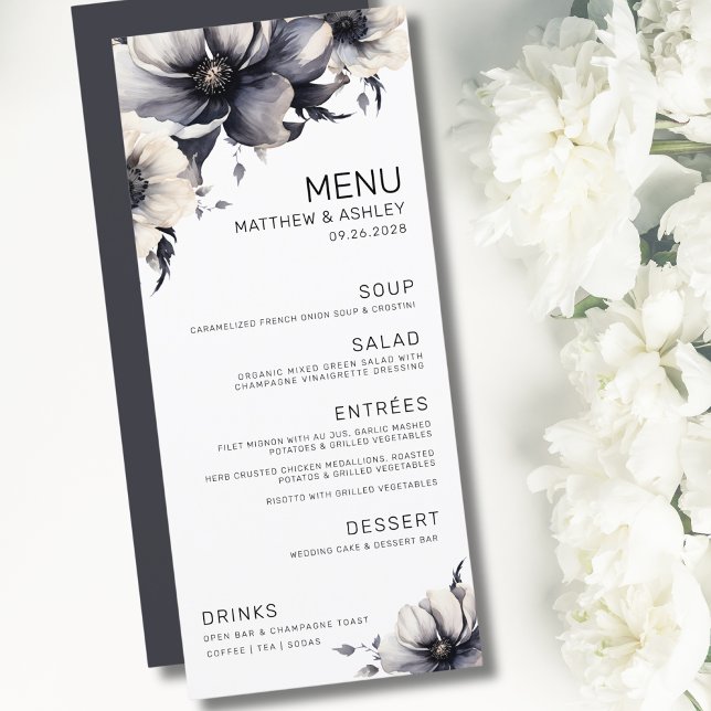 Menu Casamento Floral Branca Negra Elegante (Simple Elegant Modern Floral Black White Wedding Menu)